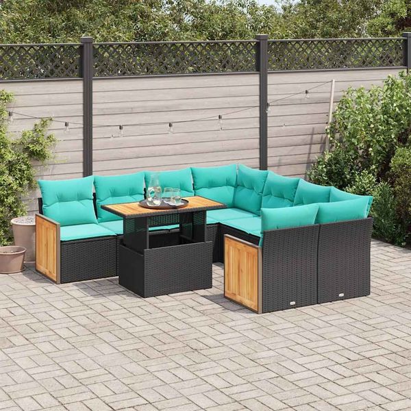 vidaXL 9-tlg. Garten-Sofagarnitur mit Kissen Schwarz Poly Rattan 3327690