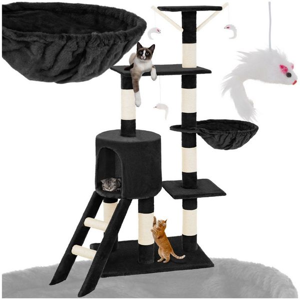 tectake Kratzbaum Katzenbaum Dominik 144 cm Diverse Farben Schwarz, Vielseitig mit robusten Sisalstangen und Plüschoberfläche