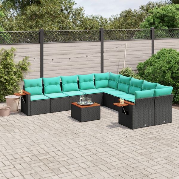 vidaXL 11-tlg. Garten-Sofagarnitur mit Kissen Schwarz Poly Rattan 3227198