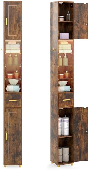 Badezimmerschrank mit Beleuchtung & Schublade & 3 Glasablagen Schmaler Badschrank Vintage