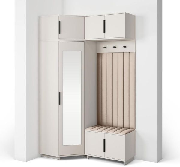 Garderoben-Set Napoli Version 23: Eckschrank mit Polsterpaneelen, Schuhschrank und Schrankaufsatz Flur und Eingangsbereich (Cashmere/Trinity 02), 229 x 70 x 140 cm