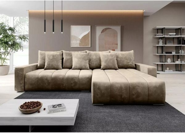 Muffo Ecksofa PIANO, elegante vertikale Nähte, Bettzeugablage, Schlaffunktion 234x137, Lose Rückenkissen