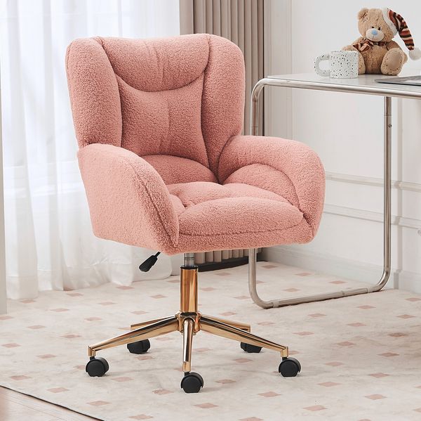 Drehstuhl 64 x 62 x 92,5 cm in Rosa mit Teddy-Stoff, höhenverstellbar und 360°-Rollen