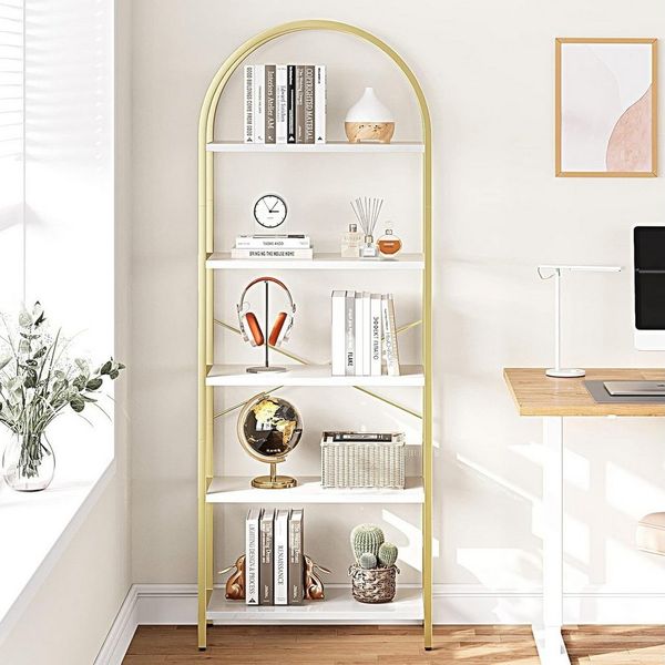 GarveeMore Bücherregal Bücherregal,Standregal mit 5 Ebenen,aus Metall und Marmor,180x100x30cm