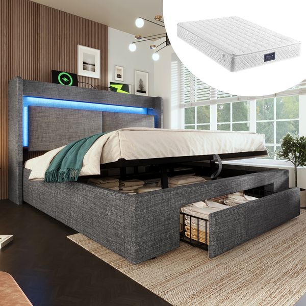 Polsterbett 160×200 cm mit hydraulischem Bettkasten, LED & USB/USB-C, Grau, inklusive Matratze