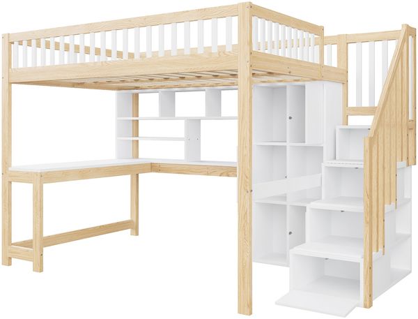 Merax Hochbett, 140x200cm, Kinderbett, Jugendbett, Mit LED-Leuchten, Ablageleiter, Regale, Ablagefächer, Schreibtisch, ohne Matratze, Weiß+Natur Bild 8