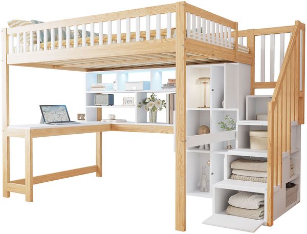 Merax Hochbett, 140x200cm, Kinderbett, Jugendbett, Mit LED-Leuchten, Ablageleiter, Regale, Ablagefächer, Schreibtisch, ohne Matratze, Weiß+Natur Bild 10
