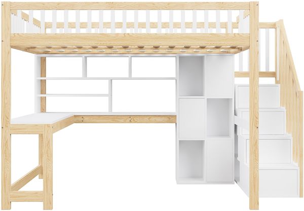 Merax Hochbett, 140x200cm, Kinderbett, Jugendbett, Mit LED-Leuchten, Ablageleiter, Regale, Ablagefächer, Schreibtisch, ohne Matratze, Weiß+Natur Bild 9