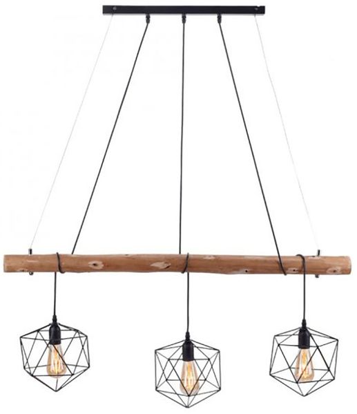 Pendelleuchte, Metall, Holz, Gitteroptik, 3 Flammig, L 100cm