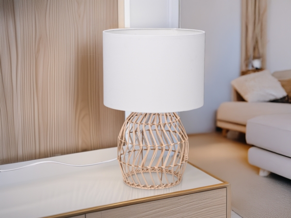 Tischleuchte RIKE mit Rattan Geflecht & Stoffschirm in Weiß, Höhe 38cm Bild 6