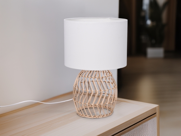 Tischleuchte RIKE mit Rattan Geflecht & Stoffschirm in Weiß, Höhe 38cm Bild 5