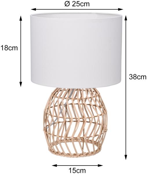 Tischleuchte RIKE mit Rattan Geflecht & Stoffschirm in Weiß, Höhe 38cm Bild 3