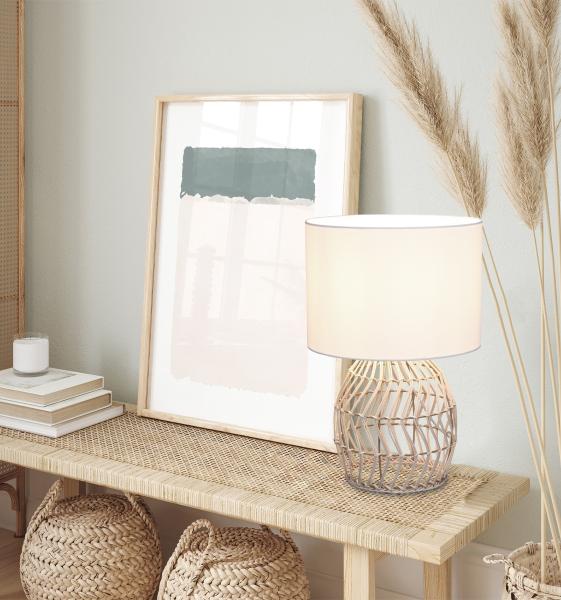 Tischleuchte RIKE mit Rattan Geflecht & Stoffschirm in Weiß, Höhe 38cm Bild 8