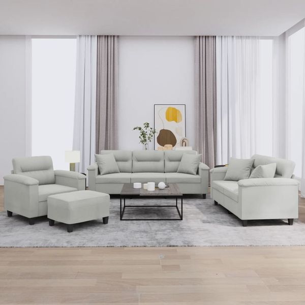 vidaXL 4-tlg. Sofagarnitur mit Kissen Hellgrau Mikrofasergewebe 3202309