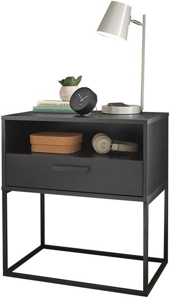 Nachtkommode >CUDRO< 1 Schublade, 1 Fach, Graphit / schwarz - 60x65x38,5cm (BxHxT)
