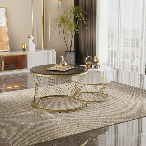 Kommode 70x70x45+50x50+40 cm, 2-teiliges Couchtisch-Set aus MDF in Marmor-Optik mit Goldakzenten, Weiß und Gold und Schwarz