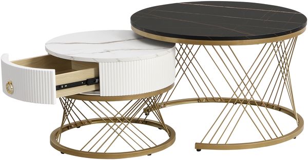 Kommode 70x70x45+50x50+40 cm, 2-teiliges Couchtisch-Set aus MDF in Marmor-Optik mit Goldakzenten, Weiß und Gold und Schwarz Bild 2