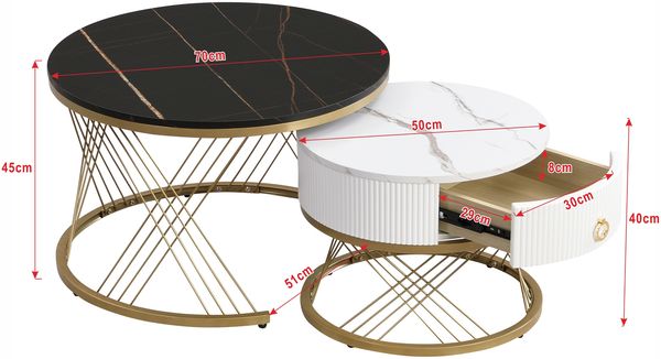 Kommode 70x70x45+50x50+40 cm, 2-teiliges Couchtisch-Set aus MDF in Marmor-Optik mit Goldakzenten, Weiß und Gold und Schwarz Bild 3