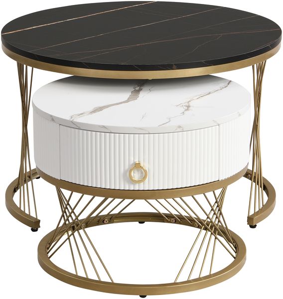 Kommode 70x70x45+50x50+40 cm, 2-teiliges Couchtisch-Set aus MDF in Marmor-Optik mit Goldakzenten, Weiß und Gold und Schwarz Bild 5