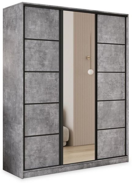 Masseno Schwebetürenschrank PINA 150 cm Kleiderschrank mit Spiegel 3 Türen und 4 Schubladen Beton