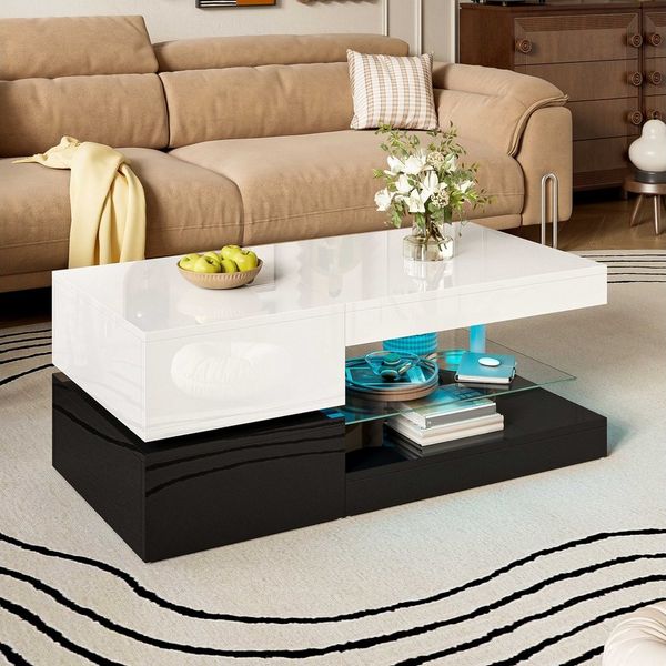 BlingBin Couchtisch Kaffeetisch Beistelltisch Wohnzimmertisch (1-St, mit LED-Ambientebeleuchtung, APP- und Bluetooth-Steuerung, Glasablage), Schwarz-Weiß-Design,Hochglanz-Oberfläche,90 x 45 x 35,5 cm