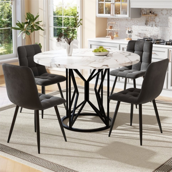 REDOM Essgruppe Modernes 5-teiliges Esstisch-Set, (100 cm runder Tisch mit Marmoroptik, graue Samt-Stühle, stabiler MDF-Tischplatte, ideal für Esszimmer & Küche, 5-tlg, Tischgröße: 100 cm D, 76 cm H Stuhlgröße: 44 cm B, 41 cm T, 86 cm H)
