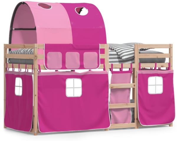 vidaXL Etagenbett mit Vorhängen und Tunnel, Massivholz Kiefer, Natur, 80x200 cm