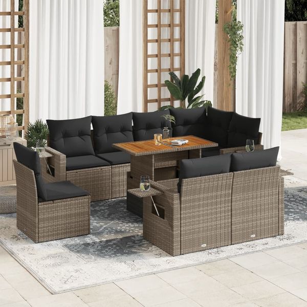 vidaXL 9-tlg. Garten-Sofagarnitur mit Kissen Grau Poly Rattan 3327168