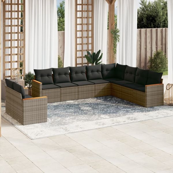 vidaXL 10-tlg. Garten-Sofagarnitur mit Kissen Grau Poly Rattan 3258518