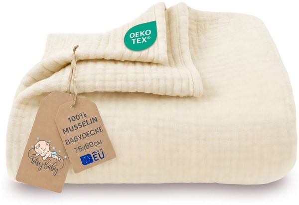 Musselin Decke Babydecke Baumwolle 75x60 cm - Musselindecke Kuscheldecke Baby Musselintücher Kinderdecke dünne Babydecken Pucktuch Muslin Blanket für Kinder Oeko-Tex Hellbeige
