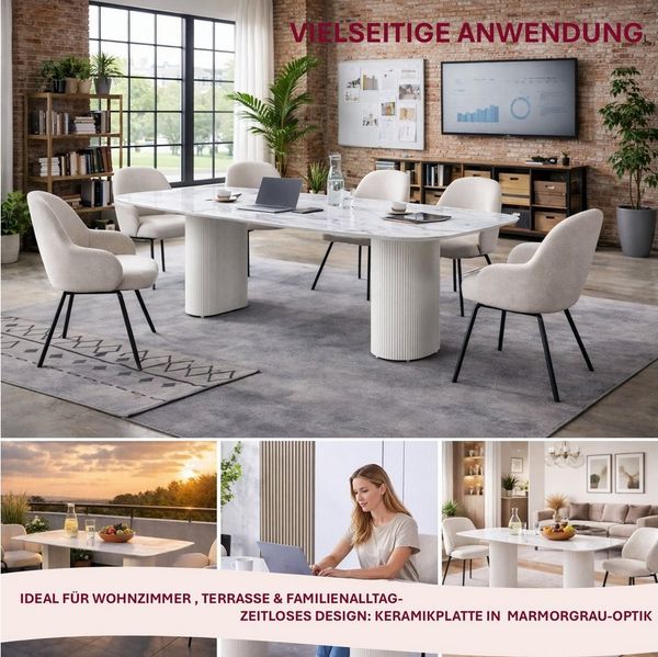 HOOZ Wohnzimmertisch Esstisch Set 180x90 cm Weiß – moderner Küchentisch, Keramik 8 Personen (Einzelprodukt, 1× Esstisch), Keramik-Tischplatte, Travertin-Optik (marmoriert), pflegeleicht