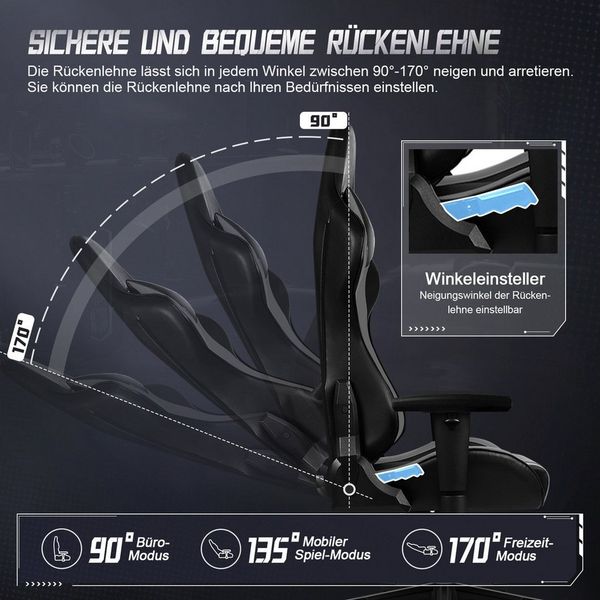 Adormii Gaming-Stuhl Gaming stuhl mit verstellbaren Armlehnen, ergonomisch gaming chair (90°–170° neigbar und arretierbar, gamingstuhl mit gepolsterter Kopfstütze und Lendenkissen, pc stuhl gaming mit verdicktem Sitzkissen, 10cm höhenverstellbarem Sitz...
