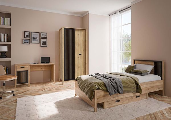 Jugendzimmerset Jytana in Mauella Oak & Black – 4-teiliges Komplett-Set mit Lamellenoptik für Kinder & Jugendliche