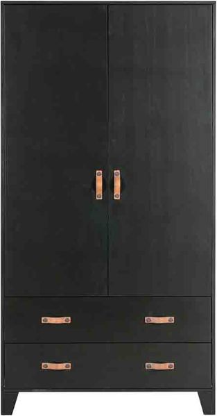 Kleiderschrank Dian aus Kiefer, modern, schwarz lackiert, mit Ledergriffen und viel Stauraum