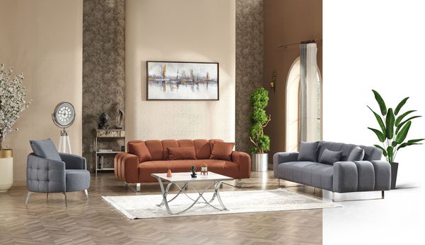 Sitzgruppe/Sofa Set - Wohnzimmergarnitur "Niva" 3+3+1-Grau/Orange