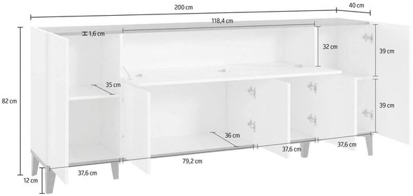 Dmora Kommode Amour, 6-türiges Küchen-Sideboard, Wohnzimmer-Buffet, 100 % Made in Italy, 200 x 40 x 82 cm, glänzendes Weiß und Schiefer, Bild 3