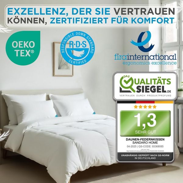 Sandaro Home Kopfkissen Federkissen und Federkopfkissen – Perfekter Schlafkomfort 80x80, mit Daunen/Federfüllung, 80 x 80 cm, 1500g