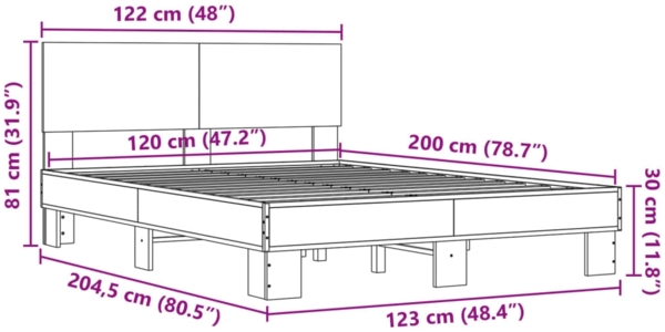 vidaXL Bettgestell Sonoma-Eiche 120x200 cm Holzwerkstoff und Metall 3280198 Bild 8
