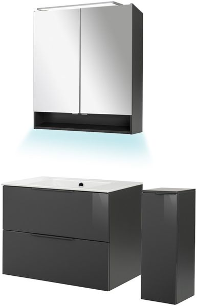 FACKELMANN LUNA Badmöbel Set 5-teilig 80 cm breit, Anthrazit, Waschbecken Keramik Weiß + LED Spiegelschrank + Midischrank + Ambientebeleuchtung