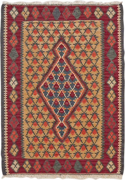 Looma 'Emad' Kelim Senneh handgewebt, Schurwolle Beige-Rot, 63x86 cm