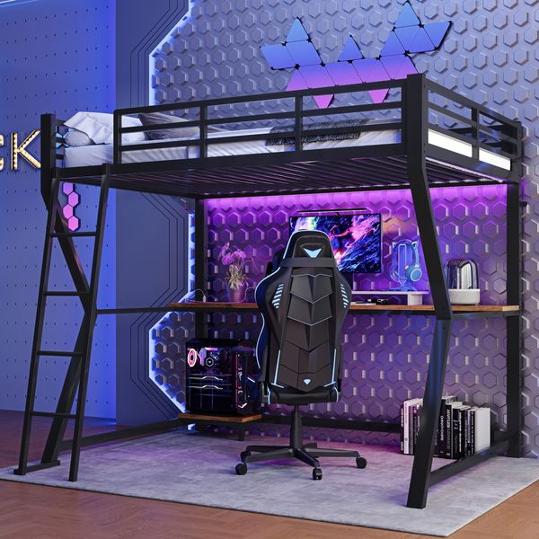 Hochbett, 90*200cm , Mit LED-Leuchten, Computerkonsolenablage, Schreibtisch, Steckdose+USB, Geländer, Treppe, ohne Matratze, Schwarz
