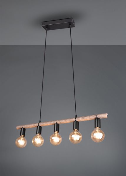 Ausgefallene LED Pendelleuchte 5 flammig Balken mit Sisal Seil, Breite 80cm