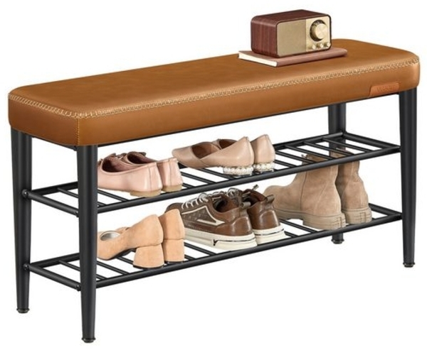 VASAGLE EKHO Kollektion - Schuhbank, Sitzbank, Sitztruhe, Eingangsbereich, Kunstleder, Nähte, Mid-Century-Modern-Stil, modern, bis 135 kg belastbar, 30 x 100 x 50 cm, karamellbraun LSBDE113K01