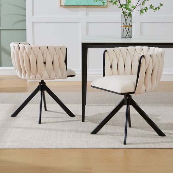 Drehstuhl 56x50x70 cm, 180°-Schwenkfunktion, Velours Ivory, belastbar bis 150 kg,Ivory und Schwarz，2 Set