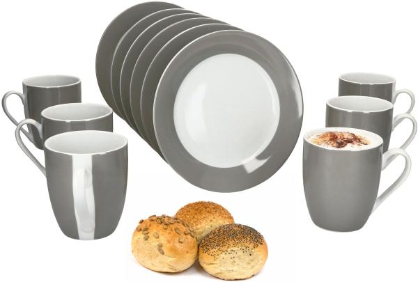 12tlg Frühstücksset Variant Grau Porzellan 6 Personen Teller klein Kaffeebecher