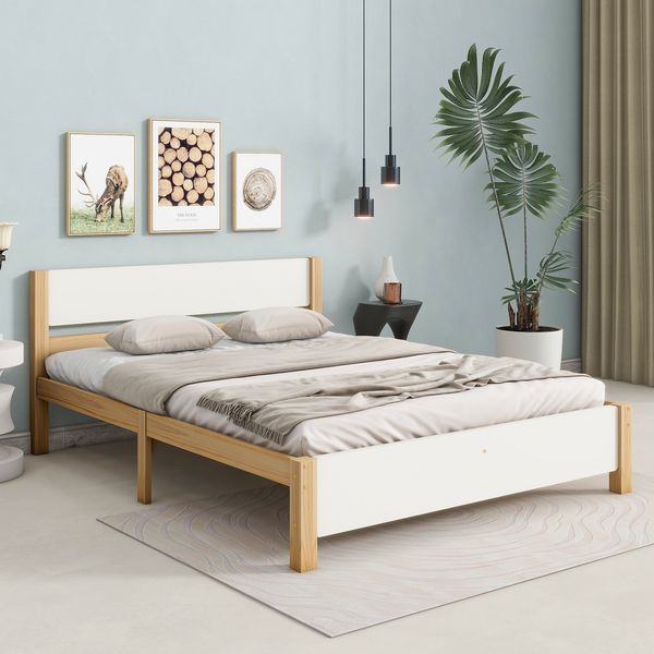 Doppelbett aus Kieferholz mit 15 Latten, stabilem Kopf- und Fußteil sowie Mittelfüßen, klassisches Holzbett für Schlafzimmer, weiß-natur