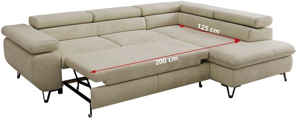 MKS Möbel 'Pablo L-Form' Ecksofa mit Schlaffunktion, verstellbare Kopfstützen, Beige, Samt, Visco Topper, Rechts Bild 7