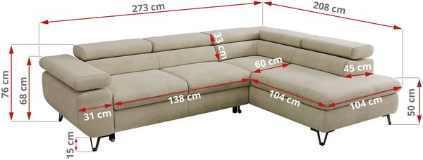 MKS Möbel 'Pablo L-Form' Ecksofa mit Schlaffunktion, verstellbare Kopfstützen, Beige, Samt, Visco Topper, Rechts Bild 6