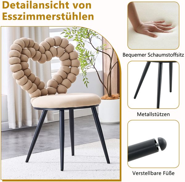 LVHOM 2er Set Esszimmerstuhl mit herzförmiger Rückenlehne, Polsterstuhl aus Samt & Metall, Designstuhl für Büro, Schminktisch und Wohnzimmer, Beige Bild 4