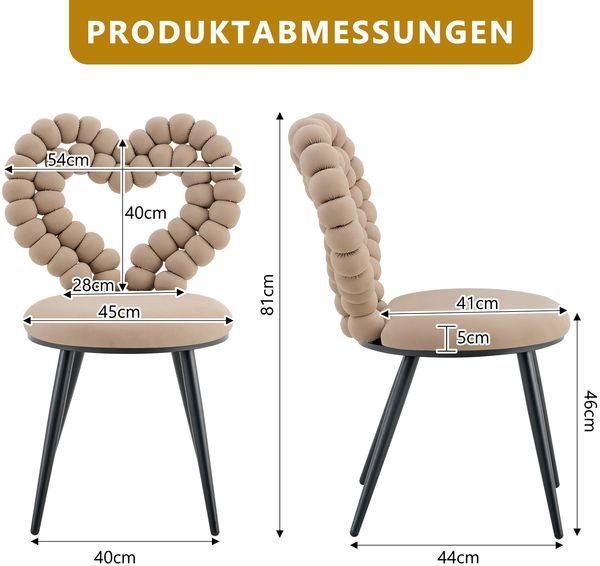 LVHOM 2er Set Esszimmerstuhl mit herzförmiger Rückenlehne, Polsterstuhl aus Samt & Metall, Designstuhl für Büro, Schminktisch und Wohnzimmer, Beige Bild 6